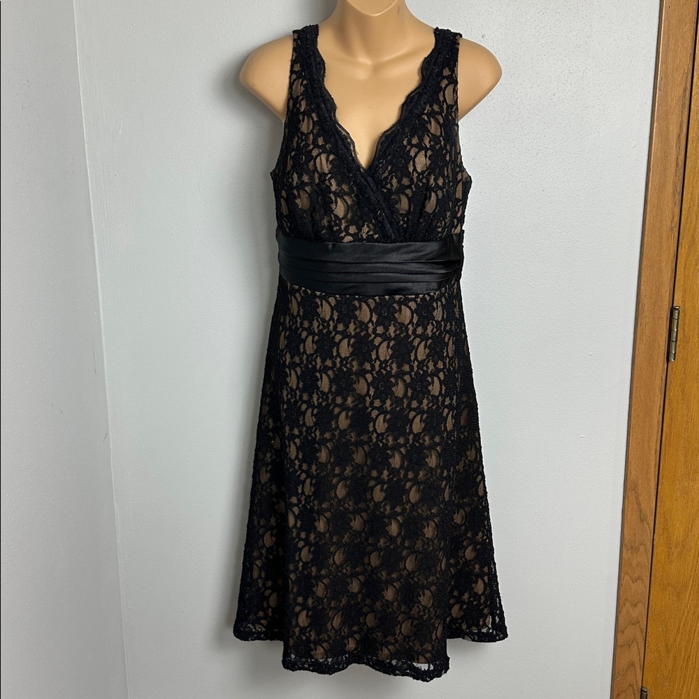 S.L. Fashions Black Lace Midi Dress with Nude Lining and Black Satin Waistband